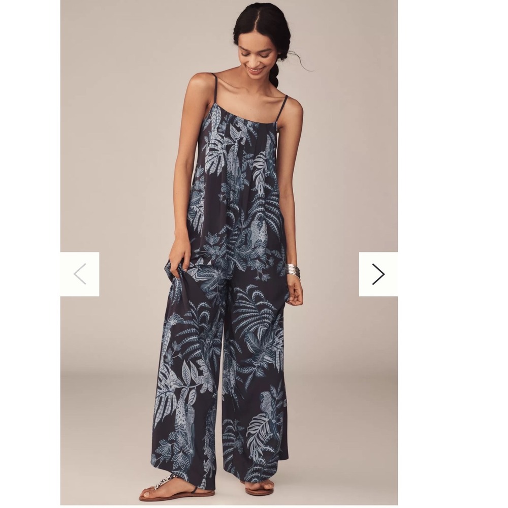 FARM for Anthropologie Jumpsuit Women M Blue Tropical Parrot Wide Leg